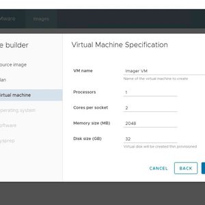 Nach dem Festlegen des Plans erfolgt die Konfiguration der VM, auf deren Basis das Image zur Verfügung gestellt werden soll. Hier können virtuelle Prozessoren, Arbeitsspeicher, Festplatte und Name der VM definiert werden.(Bild:  Joos / VMware)