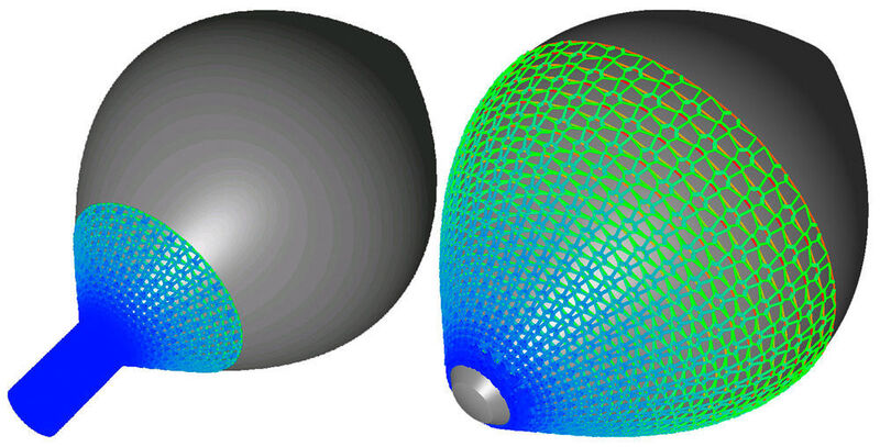 Ein technisches Textil wird auf einen Beispielkörper aufgezogen (links). Die Simulation analysiert, wie sich das Textil streckt und über die Körperoberfläche gleitet (rechts). (Bild: Fraunhofer)