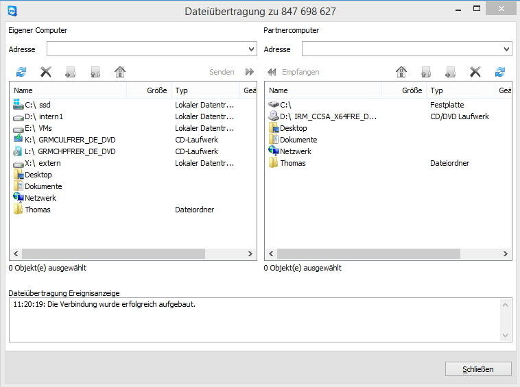 Abbildung 7: Mit dem Dateibrowser in TeamViewer können Administratoren und Anwender Dateien austauschen, ähnlich zu Hamachi. (Joos / TeamViewer)