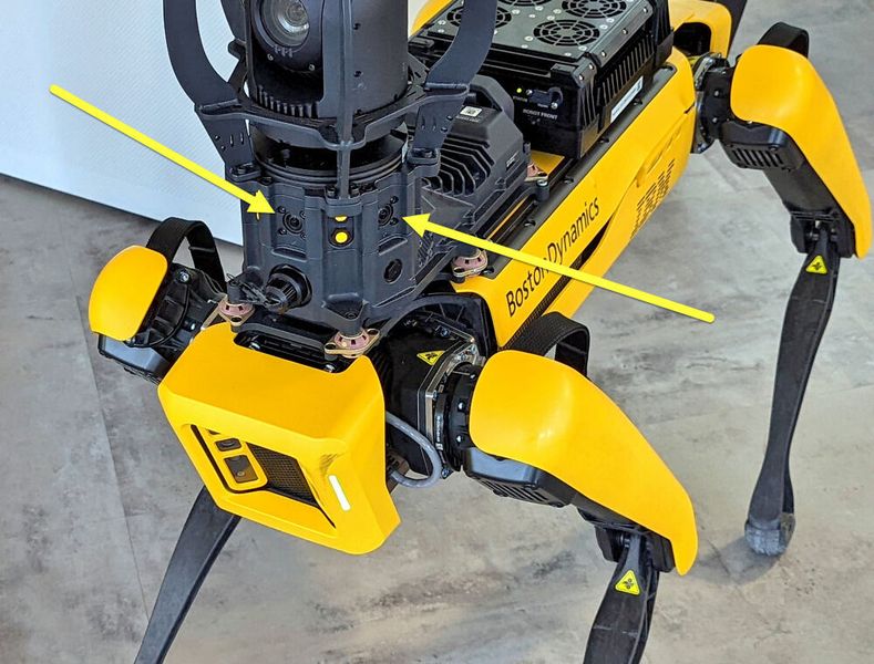 IBMs Spot besitzt auch eine 360-Grad-Kamera, um Rundum-Bilder zu erstellen. Eine Rundum-Beleuchtung mit LEDs erleichtert das Sehen in dunklen Umgebungen.  (Harald Karcher)