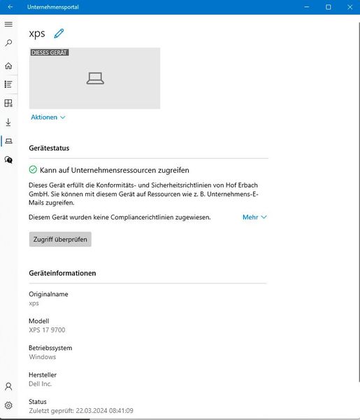 Anzeigen von Informationen zum eigenen Gerät in Microsoft Intune. (Bild: Joos - Microsoft)