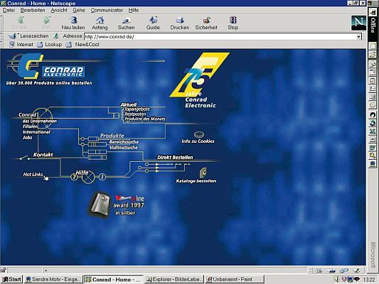 1997: Für Conrad beginnt eine neue Ära. Der Multicannel-Anbieter startet ins WorldWideWeb und präsentiert seine erste Homepage. 1998 erhielt Conrad den TV Movie Award. (Bild: Conrad)