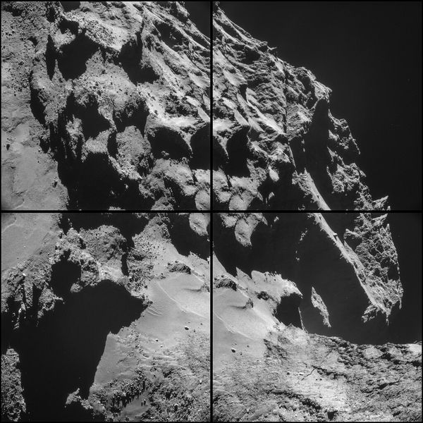 Montage aus vier Einzelaufnahmen, die die Navigationskamera an Bord der Raumsonde Rosetta am 24. Oktober 2014 vom Kometen 67P/Churyumov-Gerasimenko gemacht hat. Sie entstanden aus etwa 7,8 km Entfernung zur Oberfläche des Kometen. In dieser Ansicht befindet sich der 