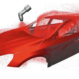 Berechnung der Tropfenflugbahn: Multiphysikalische Simulation eines Hochrotationszerstäubers mit Kontaktaufladung am Beispiel einer Volvo V60 Karosserie.