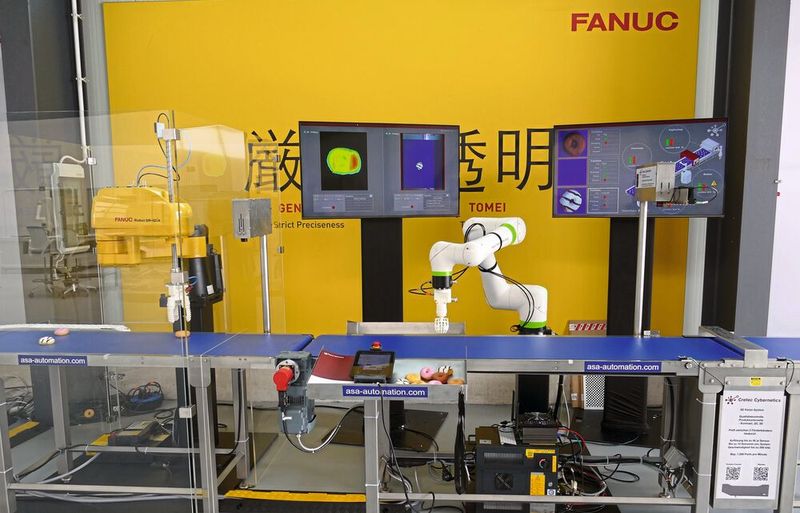 Auf der Simulationsanlage einer Donut-Fertigung von Fanuc, Vision On Line und Teledyne Dalsa werden die Backwaren vollautomatisch auf Fehler kontrolliert und verpackt. (Bild: Teledyne Dalsa)