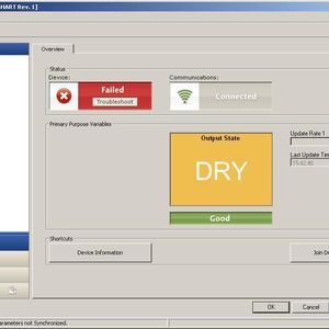 Device Dashboard shows heavy buildup on the fork. PV: Dry (fail-safe), device failed. 