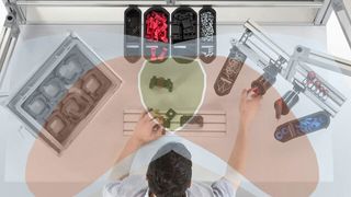 Der Greifraum am Arbeitsplatz von oben: Einhandzone (rot), erweiterte Einhandzone (blau) und Beidhandzone (grün).  (Bild:  item)