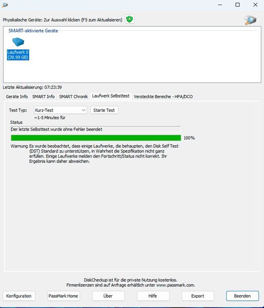 DiskCheckup kann auch Selbsttests auf Datenträgern auslösen. (Bild: Joos – PassMark Software)