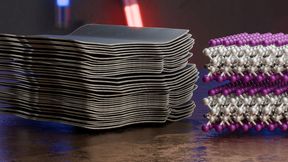 The image combines a model derived from a scanning electron microscopy image (left) with a snippet of the underlying crystal structure of a studied MXene featuring precisely controlled surface terminations. (Source: B. Schröder/HZDR)