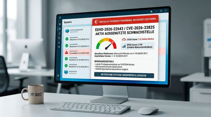Die Sicherheitslücke EUVD-2026-22643 / CVE-2026-33825 im Microsoft Defender hat einen hohen Schweregrad und wird bereits aktiv ausgenutzt.(Bild:  Gemini / Vogel IT-Medien GmbH / KI-generiert)