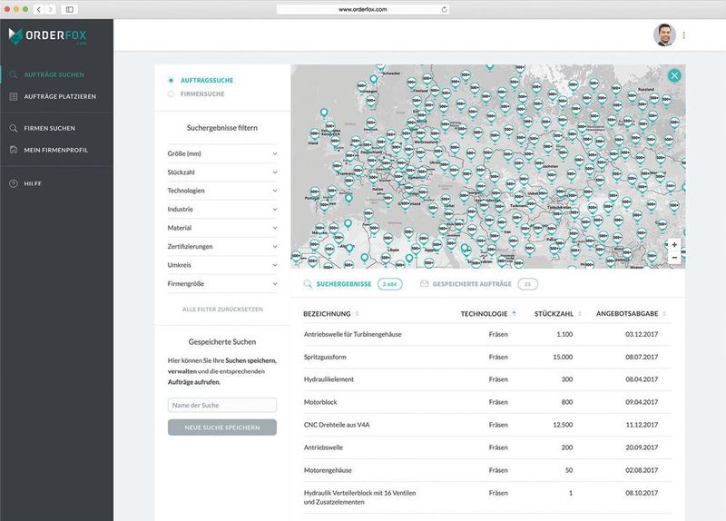 Bild 2: CNC-Auftragssuche, Kartendarstellung: Schnell und präzise durch zahlreiche Filterfunktionen. (Orderfox)