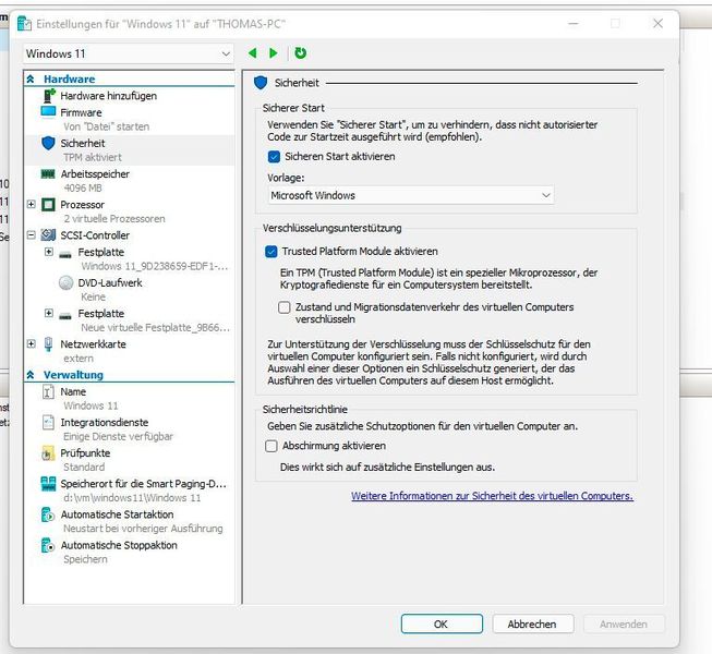 TPM-Chip und Secure Boot kann für VMs in Hyper-V aktiviert werden. (Joos / Microsoft)