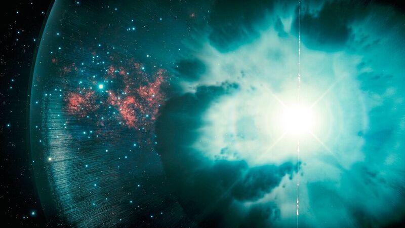 Künstlerische Darstellung eines Gammablitzes, der von der Explosion eines supermassereichen Sterns ausgelöst wird. (DESY, Science Communication Lab)
