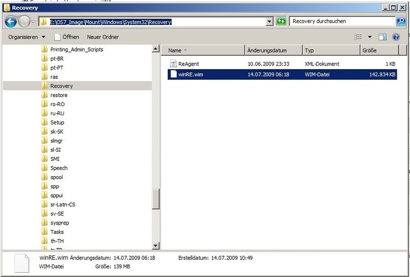Abbildung 2: Im Verzeichnis .\windows\system32\recovery\  befindet sich die Datei winRE.wim, die anschließend ins entsprechende Arbeitsverzeichnis kopiert werden muss. (Archiv: Vogel Business Media)