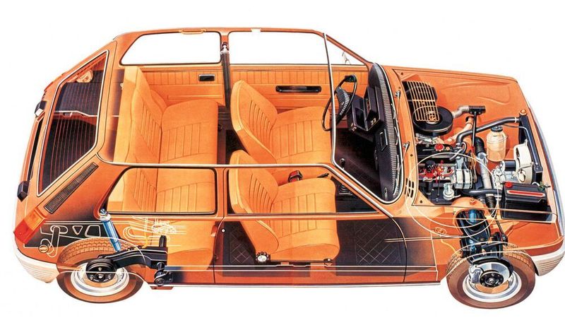 Der Blick unters Blechkleid zeigt das durchdachte Fahrzeugkonzept mit platzsparender Hinterachskonstruktion und, im Gegensatz zum R4, selbsttragender Karosserie. (Renault)