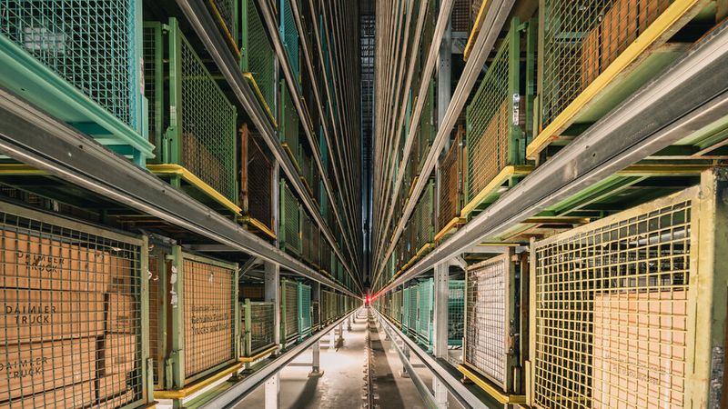 Daimler Truck hat sein neues Logistikcenter vollumfänglich in Betrieb genommen. Das dortige Hochregallager steht auf einer Grundfläche von 10.000 Quadratmetern und ist 40 Meter hoch. (Bild: Daimler Truck AG)