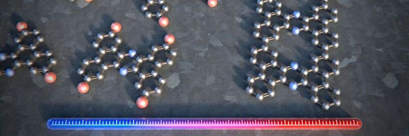 Individual building blocks are heated atop a silver surface in a vacuum to create a porous graphene ribbon with a ladder-like structure and semiconducting properties. Each rung has two carbon atoms replaced with nitrogen atoms (blue).