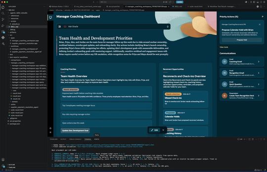 Der AI Studio Skill bindet die Entwicklung von Fusion Agentic Applications in eine VS-Code- und CLI-Umgebung mit Git-Anbindung ein. Im Vordergrund ein damit erstelltes Manager-Coaching-Dashboard.(Bild:  Oracle)