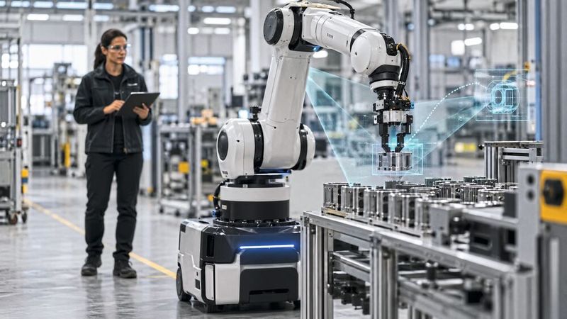 Künstliche Intelligenz hilft Robotern, ihre Umgebung zu erfassen, Bewegungen zu planen und flexibel auf neue Aufgaben zu reagieren.(Bild:  KI-generiert)