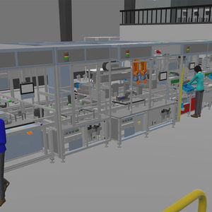 Linie für die Display-Baugruppe, dargestellt mit der Simulationssoftware Visual Components(Bild:  Schnaithmann)