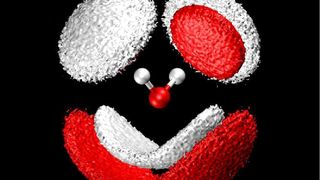 Modell eines symmetrischen, vierfach koordinierten Wassermoleküls (Sauerstoff rot und Wasserstoff weiß) (Bild: Thomas D. Kühne)