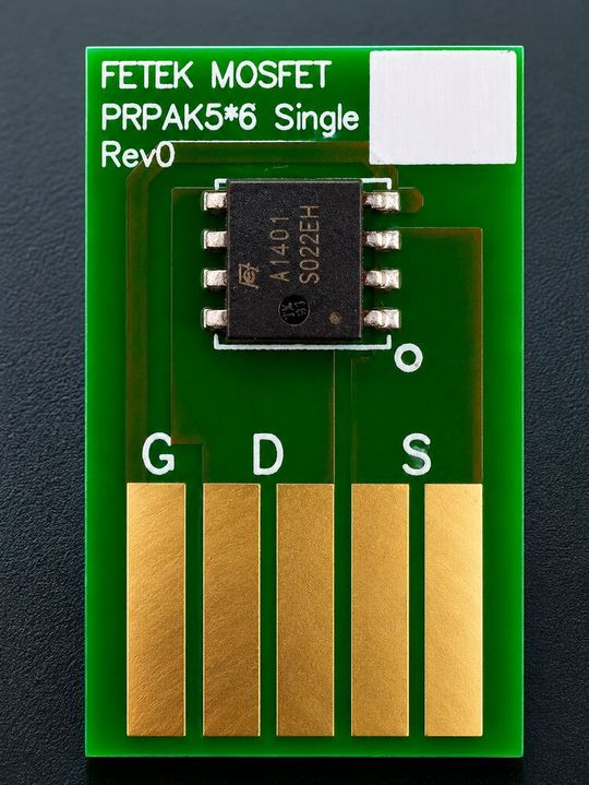 Ein Fetek-MOSFET auf einer Test- und Evaluierungsplatine. Solche Aufbauten ermöglichen es, das elektrische und thermische Verhalten eines Bauteils unter definierten Bedingungen zu untersuchen.(Bild:  Fetek)
