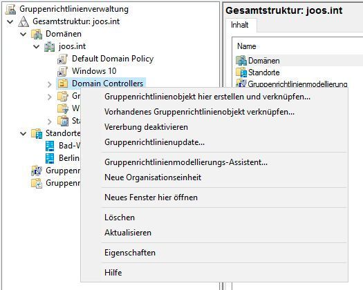 Über das Kontextmenü von OUs lässt sich die Vererbung überprüfen sowie die Verknüpfung einer Richtlinie. (Thomas Joos)