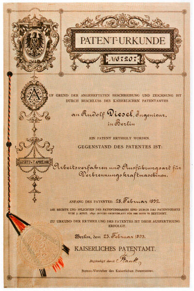 Am 23. Februar 1893 erhielt Diesel das Patent für seinen Motor. (gemeinfrei)