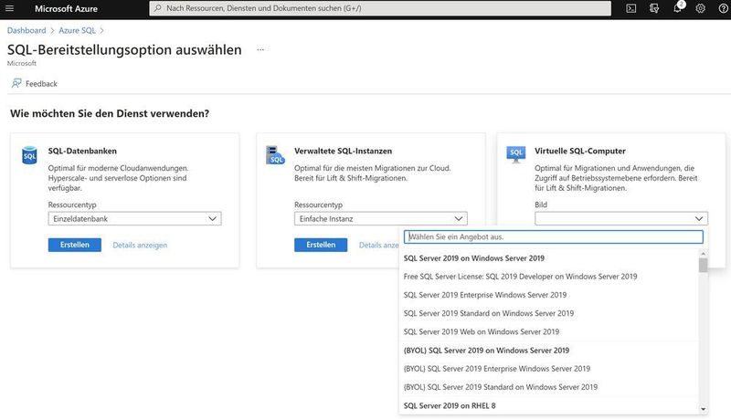 Auswählen der SQL-Server-Version für die Bereitstellung von Azure SQL. (Joos/Microsoft (Screenshot))