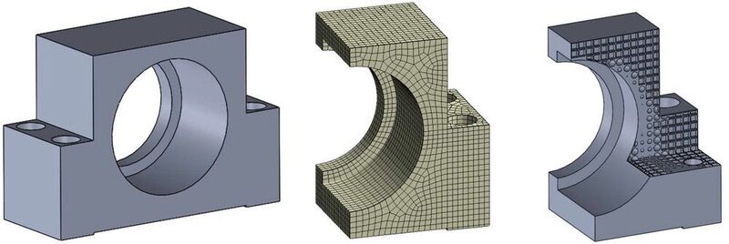 Untersuchter Lagerbock: CAD-Modell aus Vollmaterial (links), FEM-Modell (mittig) und abgeleitetes CAD-Modell nach der Topologieoptimierung (rechts). (Mottahedi, M.; Coupek, Daniel; Lechler, Armin; Verl, A. )