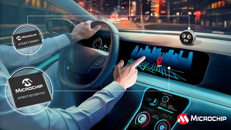 Microchip hat neue Touch-Controller für sehr kleine und sehr große Display-Formate im Fahrzeug vorgestellt.(Bild:  Microchip)