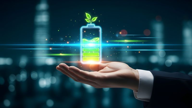 Um Strom aus erneuerbaren Energien  durchgängig zuverlässig nutzen zu können, sind leistungsfähige Energiespeicher erforderlich.(Bild:  © AlqausarBonazir  – stock.adobe.com / KI-generiert)