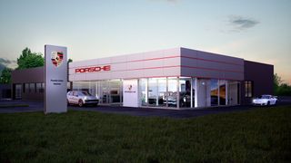 Im Prinzip sind es Porsche-Zentren in klein: Porsche führt in Deutschland zwei kleinere Standortformate ein, die an Porsche-Zentren angedockt sind und deren Einzugsgebiet erweitern sollen. Eines davon ist der Porsche-Zentrum-Satellit (im Bild), eine Art kleiner Vollfunktionsbetrieb. (Porsche)