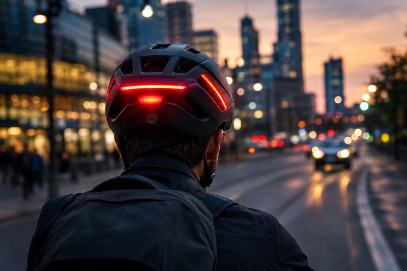 Smarte Fahrradhelme erhöhen die Sichtbarkeit massiv. Integrierte Rückleuchten und automatische Bremslichter warnen den nachfolgenden Verkehr sofort, wenn das Fahrrad langsamer wird. (Bild: KI-generiert / Dall-E)