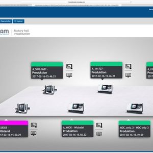 IT 4.0 bietet Echtzeit-Informationen für jede Maschine am Computer und visualisiert diese nutzerfreundlich – wie im Bild in einem frei konfigurierbaren Fabrikhallen-Layout.