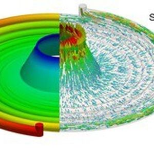 Bild 1: Simulationsergebnisse eines Radial-Wendelverteilers, die einen dreidimensionalen Einblick in die Strömungsvorgänge beim Extrudieren geben.