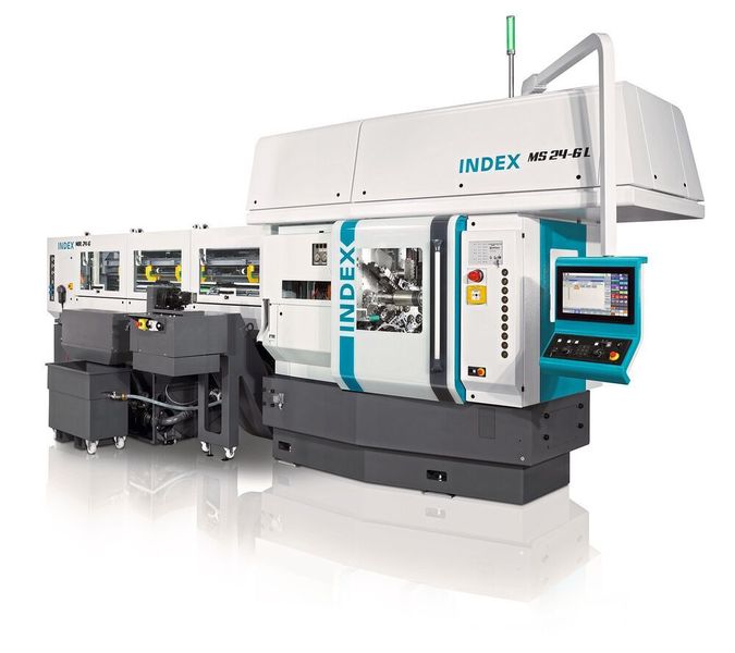 Der neue Mehrspindeldrehautomat Index MS24-6 steht für höchste Produktivität und schnelles Rüsten mit dem neuen Index-­Werkzeug-Schnellwechselsystem. (Index)