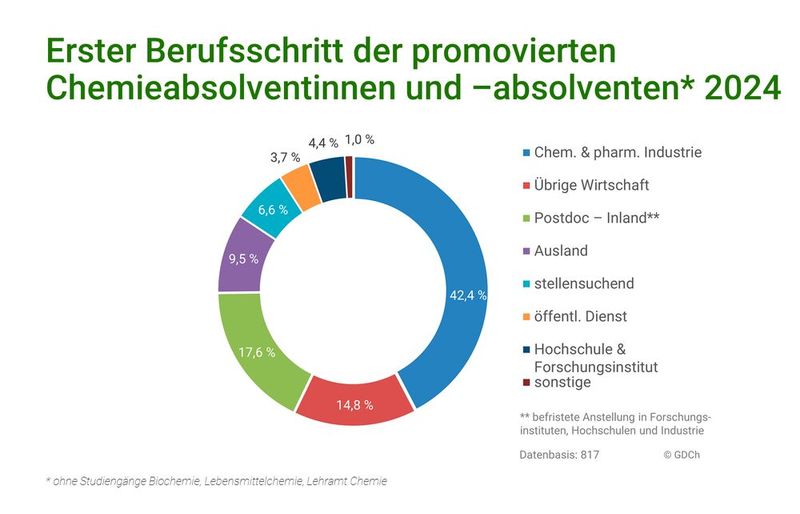 Studiengang Chemie: Verbleib der promovierten Chemikerinnen und Chemiker 2024 (ohne Studiengänge Biochemie, Lebensmittelchemie, Lehramt Chemie) (Bild: Gesellschaft Deutscher Chemiker )