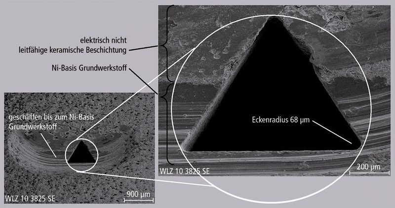Bild 4: Die Verfahrenskombination Schleifen und Mikrosenkerodieren ermöglicht das Fertigen einer im Querschnitt dreieckigen Kavität durch eine elektrisch nicht leitende keramische Beschichtung. (Archiv: Vogel Business Media)