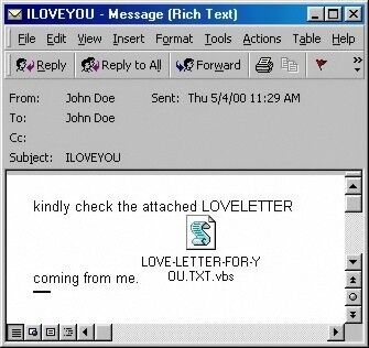 2000 ist das Jahr von “Iloveyou”. Der E-Mail-Wurm verwendet Outlook-Massen-Mails, um sich selbst an alle in jedem Adressbuch zu verschicken und verbreitet sich weiter über E-Mail als Kettenbrief. Geschätzter Schaden 5,5 Milliarden Euro weltweit. (Bild: F-Secure)