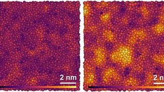 Forscher der Universität Bayreuth haben dem Oxidglas eine neue, kristallähnliche Struktur gegeben. Simulierte Struktur von glasartigem (li.) und parakristallinem (re.) Grossular, einem Silikat. Die Atome der Elemente O, Si, Al und Ca (von klein bis groß) sind desto heller eingefärbt, je höher der Grad der Ordnung in der umgebenden Struktur ist. (Bild: Hu Tang)