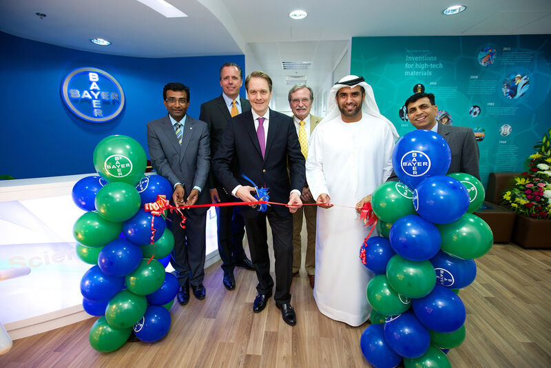 Ribbon-cutting for the inauguration: Harald Liedtke, Managing Director of Bayer in the Middle East (second from left), Daniel Meyer, Head of the Coatings, Adhesives, Specialties Business Unit (third from left), and Marwan Abulaziz Janahi, Executive Director of DuBiotech (right) (Picture: Bayer Material Science)