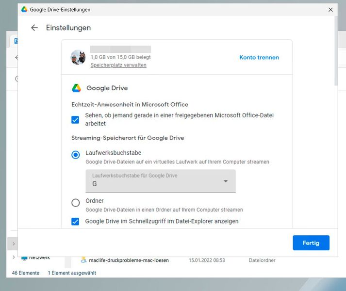 In den Einstellungen von Google Drive for Desktop lässt sich die Lösung an die eigenen Anforderungen anpassen. (Bild: Joos – Google)
