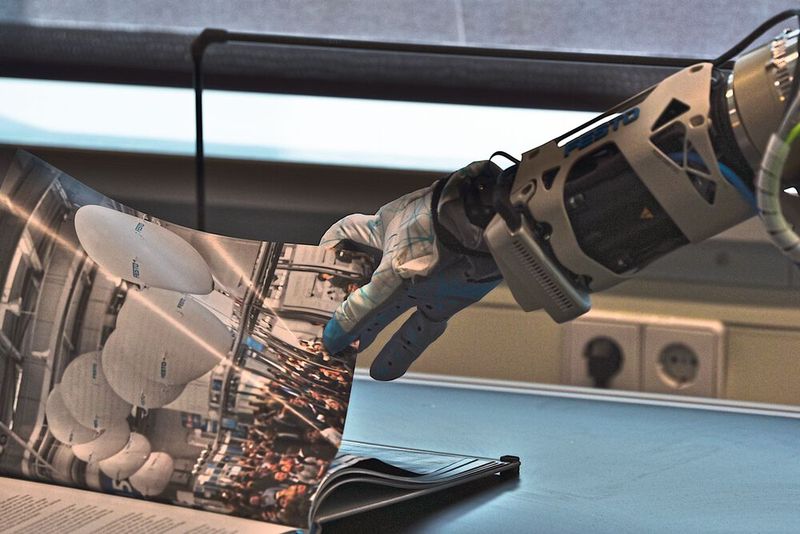 Ein Sensor-Handschuh mit 113 taktilen Kraftsensoren verleiht der Hand „Gefühl“. Somit kann sie die Beschaffenheit des Greifguts fühlen und die Greifkraft an das Objekt anpassen.  (Bild: Stefanie Michel)