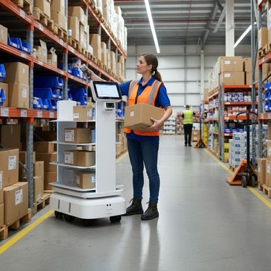 Autonome Mobile Roboter unterstützen Mitarbeiter im Lager bei der Kommissionierung. (Bild: AISCI Ident GmbH - generiert mit KI)