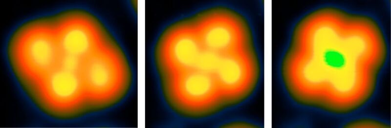 Die Aufnahmen aus dem Rastertunnelmikroskop (RTM) zeigen die drei verschiedenen Zustände des Moleküls, die einem trinären Code zur Informationsverschlüsselung entsprechen: Im hohen magnetischen Zustand (links), im niedrigen magnetischen Zustand mit näher zusammengerückten Atomen (Mitte) und mit ebenfalls niedrigem magnetischen Zustand, aber um 45 Grad gedreht (rechts). ((c) Manuel Gruber)