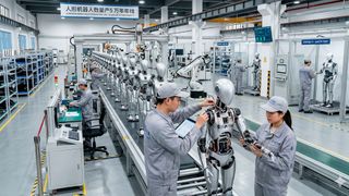 Hochautomatisierte Serienfertigung: Trotz digitalisierter Prozesse bleibt bei der filigranen Montage und Kalibrierung der humanoiden Roboter menschliche Handarbeit weiterhin unverzichtbar. (Bild: Gemini / KI-generiert)