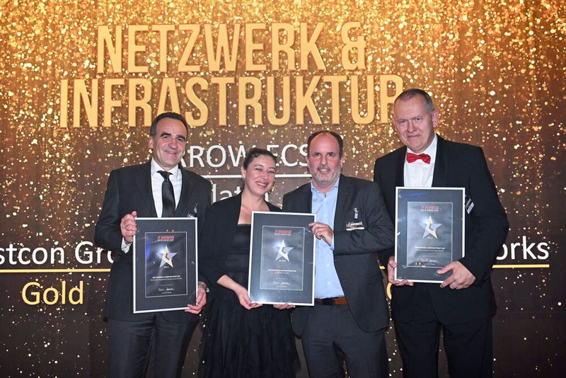 In der Kategorie „Netzwerk & Infrastruktur“ haben gewonnen: Markus Adä, Exklusive Networks (Gold),  Andréa Catel de Prates Soares und Stefan Ostermeyer, Arrow ECS (Platin) sowie Jens Tamm, Westcon (Gold)  (Bild: Hannes Magerstädt)