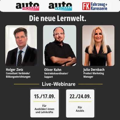 Das Team von autoFACHMANN und autoKAUFMANN stellt in vier Webinaren die neue Lernwelt vor. (Bild: autoFACHMANN/autoKAUFMANN)