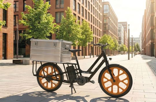 Rotationsgegossene Kunststoff-Laufräder von igus erhöhen die Zuverlässigkeit von Cargobikes im harten Lieferalltag.(Bild:  igus SE & Co. KG)